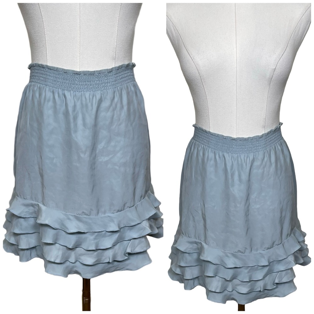 Pins and Needles Tiered Ruffle Mini Skirt Women M Blueโ 100% Silk Smocked Waist